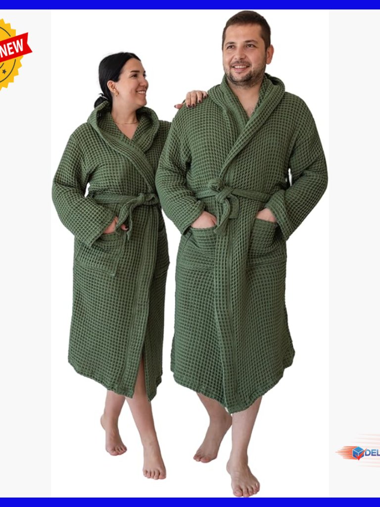Unisex Hooded Waffle Robe 100% Turkish Cotton Quick-Dry Lounge Housecoat
